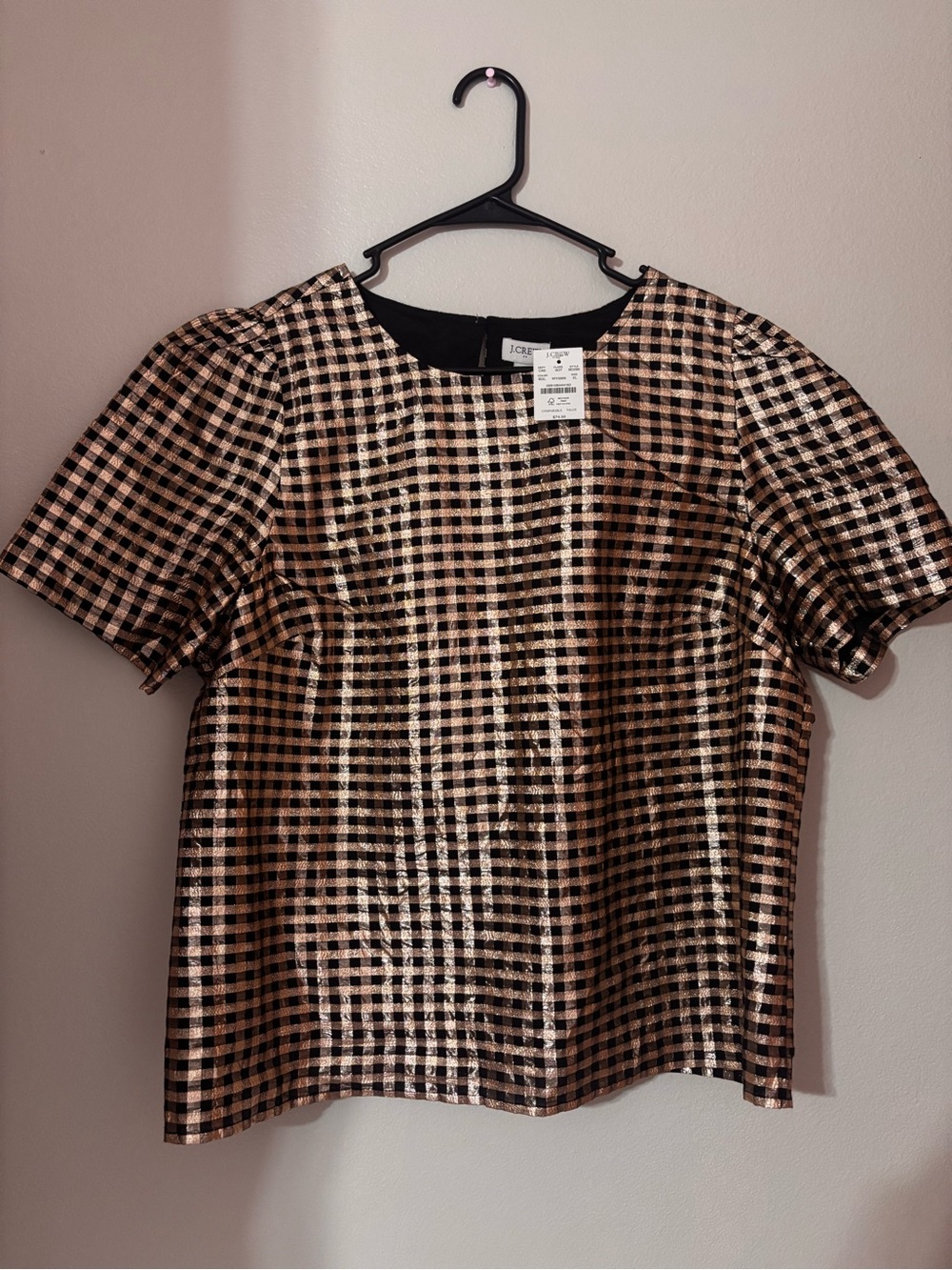 J. Crew Black and Gold Gingham Metallic Short Sleeve Top